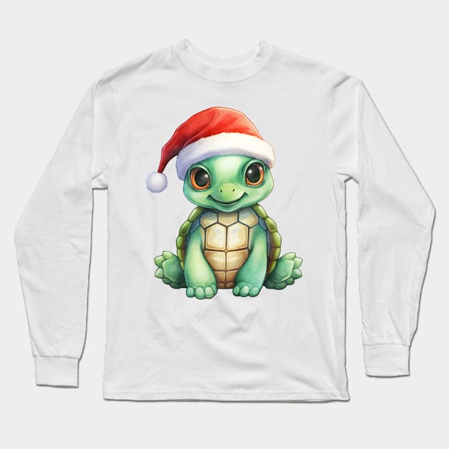 Green Sea Turtle in Santa Hat Long Sleeve T-Shirt by Chromatic Fusion Studio